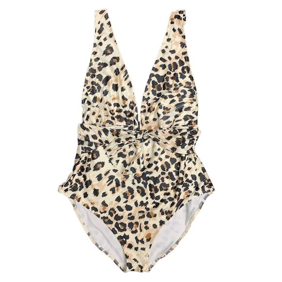 Aerie Leopard Deep Plunge One Piece Swimsuit Size Large Tie Front Full Coverage - Picture 6 of 10
